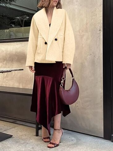 Yousify Womens Cropped Pea Coats Oversized Wool Blend Jackets Lapel Double Breasted Fall Winter Outerwear Outfits in Saudi Arabia