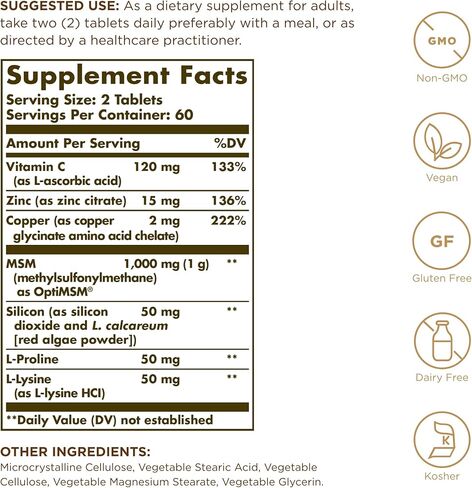 Solgar للبشرة والأظافر والشعر، تركيبة MSM المتقدمة، 60 قرصًا - يدعم الكولاجين لصحة الشعر والأظافر والبشرة - يوفر الزنك وفيتامين C والنحاس - غير معدل وراثيًا، نباتي، خالي من الغلوتين ومنتجات الألبان - 30 حصة in Kuwait