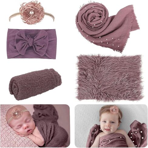 AOKE 4 PCS Newborn Photography Props Kit, Newborn Photo Props Long Ripple Wraps DIY Blanket with Headbands, White Toddler Baby Photography Wraps Mat for Baby Boys and Girls in Saudi Arabia