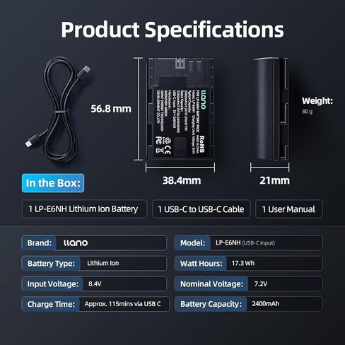 llano LP-E6NH Battery (USB-C Input) 2400mAh Replacement Battery Pack for Canon EOS R7 R5 R6 R6 II R, 5DIV, 6DII, 7DII, 80D, 90D Black in Kuwait