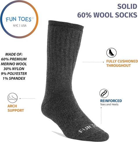FUN TOES Men's Thermal Insulated Heavy Duty Premium Merino Wool Crew Socks 4 Pairs in Kuwait