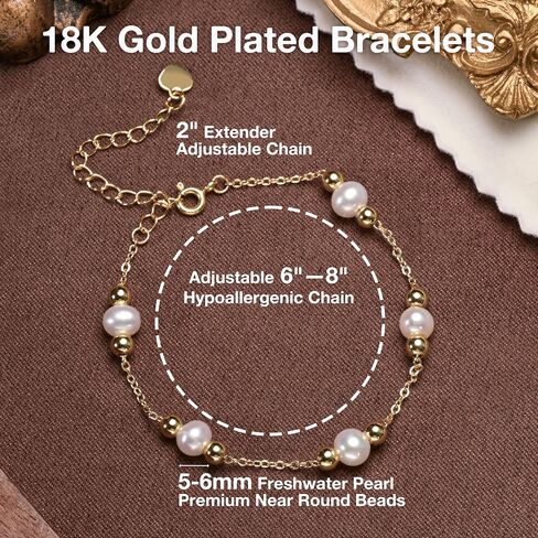 Pearls Bracelets for Women 18K Gold Plated Freshwater AAAA Pearls Dainty Chain Link Bracelets - Double Golden Beads in Kuwait