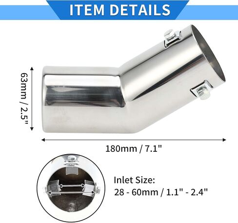 1 PC نصيحة العادم المنحنية 1.1 " - 2.4" مدخل 2.5 "منفذ 7.1" بطول بطول الترباس السيارة العالمي على النغمة الفضية من الفولاذ المقاوم للصدأ الخلفية in Kuwait