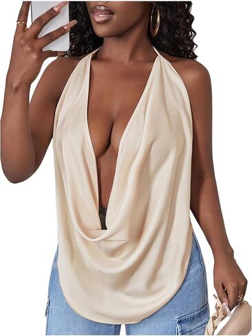 Soly Hux Women's Sexy Cowl Neck Tops Deep v Dece Deved Halter Tie Back Y2K الخروج من قمم كامي in Kuwait
