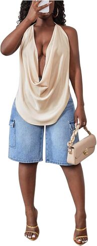 Soly Hux Women's Sexy Cowl Neck Tops Deep v Dece Deved Halter Tie Back Y2K الخروج من قمم كامي in Kuwait