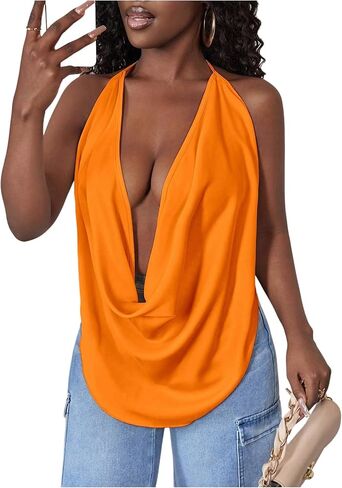 Soly Hux Women's Sexy Cowl Neck Tops Deep v Dece Deved Halter Tie Back Y2K الخروج من قمم كامي in Kuwait