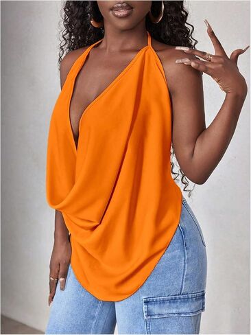 Soly Hux Women's Sexy Cowl Neck Tops Deep v Dece Deved Halter Tie Back Y2K الخروج من قمم كامي in Kuwait