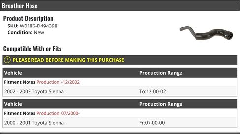 Breather Hose - Compatible with 2000-2003 Toyota Sienna (From 7/2000 Up To 12/2002) in Saudi Arabia