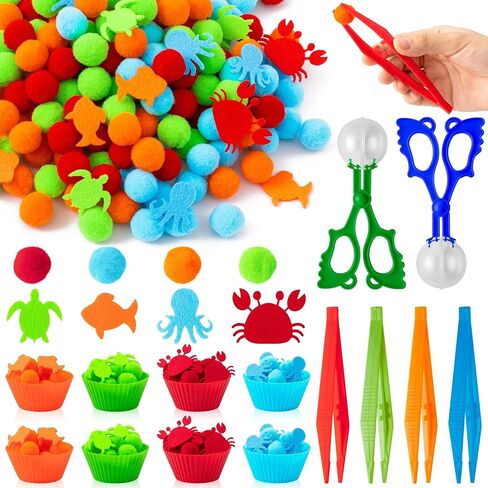 Letters Numbers Sensory Bin Fillers - 240 Alphanumeric Fine Motor Toys Color Counting Sorting Set for Kids, Felt ABC Letter Math Symbols Pom Poms Cup Clip for Preschool Education Activities in Saudi Arabia