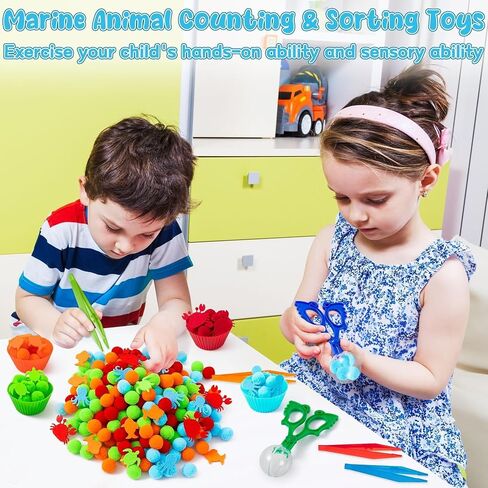 Letters Numbers Sensory Bin Fillers - 240 Alphanumeric Fine Motor Toys Color Counting Sorting Set for Kids, Felt ABC Letter Math Symbols Pom Poms Cup Clip for Preschool Education Activities in Saudi Arabia