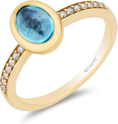 Jewelili Enchanted Disney Fine Jewelry 14K Yellow Gold over Sterling Silver with 1/10 CTTW Diamonds and Swiss Blue Topaz Jasmine Ring, Size 8 in Saudi Arabia