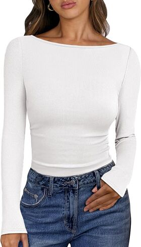 ANRABESS Women's Boat Neck Long Sleeve Shirts Rib Knit Slim Fitting Tops Basic Tees 2025 Casual Comfy Fall Outfits Clothes in Saudi Arabia