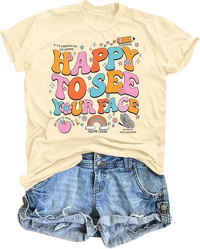 Teacher Shirts for Women Happy to See Your Face Tshirt Funny Back to School Teacher Gift Tee Tops in Saudi Arabia