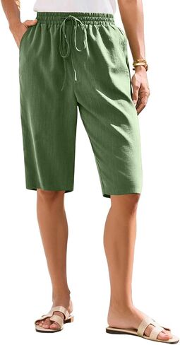 GOFULY Bermuda Shorts for Women Knee Length High Rise Cotton Linen Shorts Elastic Waist Button Half Pants with Pockets in Kuwait