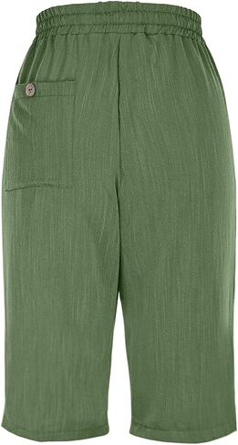 GOFULY Bermuda Shorts for Women Knee Length High Rise Cotton Linen Shorts Elastic Waist Button Half Pants with Pockets in Kuwait