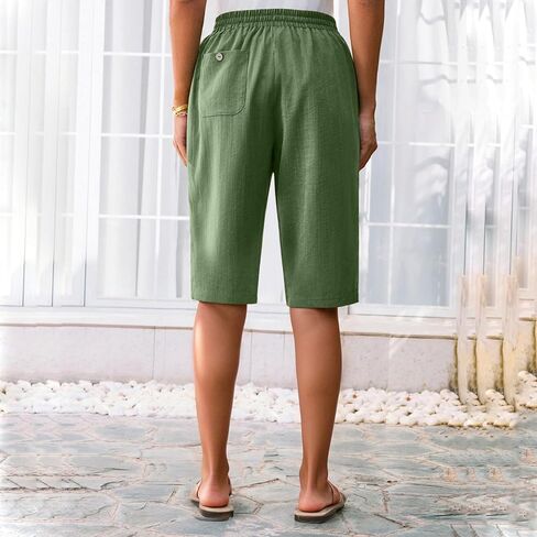 GOFULY Bermuda Shorts for Women Knee Length High Rise Cotton Linen Shorts Elastic Waist Button Half Pants with Pockets in Kuwait