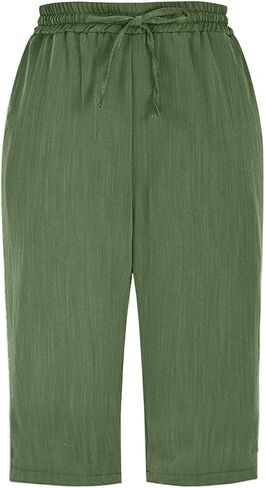 GOFULY Bermuda Shorts for Women Knee Length High Rise Cotton Linen Shorts Elastic Waist Button Half Pants with Pockets in Kuwait