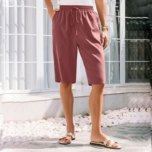 GOFULY Bermuda Shorts for Women Knee Length High Rise Cotton Linen Shorts Elastic Waist Button Half Pants with Pockets in Kuwait