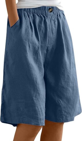 GOFULY Bermuda Shorts for Women Knee Length High Rise Cotton Linen Shorts Elastic Waist Button Half Pants with Pockets in Kuwait