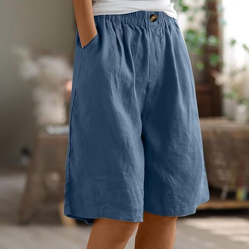 GOFULY Bermuda Shorts for Women Knee Length High Rise Cotton Linen Shorts Elastic Waist Button Half Pants with Pockets in Kuwait