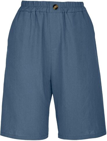 GOFULY Bermuda Shorts for Women Knee Length High Rise Cotton Linen Shorts Elastic Waist Button Half Pants with Pockets in Kuwait