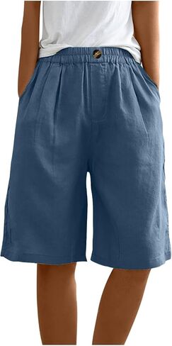 GOFULY Bermuda Shorts for Women Knee Length High Rise Cotton Linen Shorts Elastic Waist Button Half Pants with Pockets in Kuwait