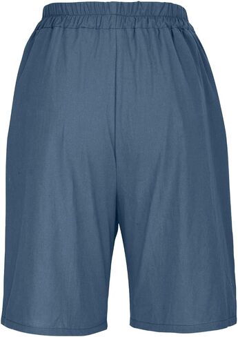 GOFULY Bermuda Shorts for Women Knee Length High Rise Cotton Linen Shorts Elastic Waist Button Half Pants with Pockets in Kuwait