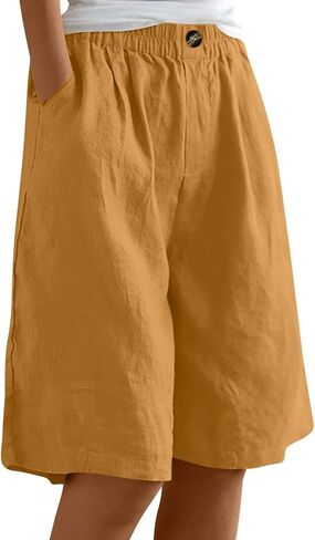 GOFULY Bermuda Shorts for Women Knee Length High Rise Cotton Linen Shorts Elastic Waist Button Half Pants with Pockets in Kuwait