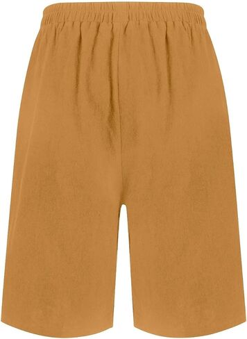 GOFULY Bermuda Shorts for Women Knee Length High Rise Cotton Linen Shorts Elastic Waist Button Half Pants with Pockets in Kuwait