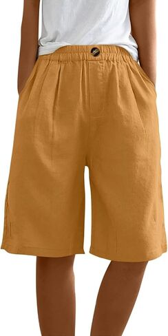 GOFULY Bermuda Shorts for Women Knee Length High Rise Cotton Linen Shorts Elastic Waist Button Half Pants with Pockets in Kuwait
