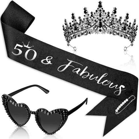 3 Pcs 50th Birthday Decorations for Women, 50th Birthday Sash and Crown Tiara 50 & Fabulous Hello Fifty Sunglasses(Black Gold) in Saudi Arabia