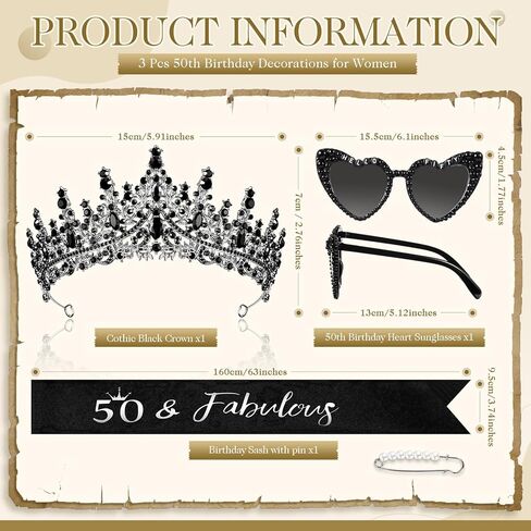 3 Pcs 50th Birthday Decorations for Women, 50th Birthday Sash and Crown Tiara 50 & Fabulous Hello Fifty Sunglasses(Black Gold) in Saudi Arabia