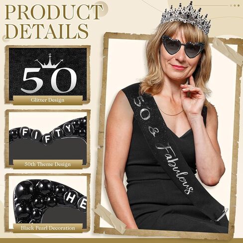 3 Pcs 50th Birthday Decorations for Women, 50th Birthday Sash and Crown Tiara 50 & Fabulous Hello Fifty Sunglasses(Black Gold) in Saudi Arabia