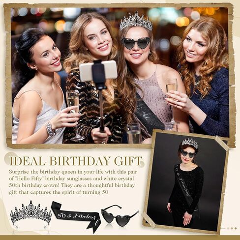 3 Pcs 50th Birthday Decorations for Women, 50th Birthday Sash and Crown Tiara 50 & Fabulous Hello Fifty Sunglasses(Black Gold) in Saudi Arabia