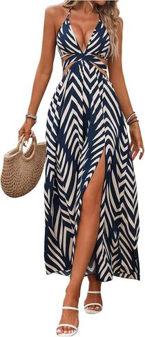 SOLY HUX Women's Tie Backless Cut Out Halter Dress Deep V Neck High Split Long Flowy Dresses in Saudi Arabia