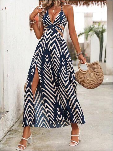 SOLY HUX Women's Tie Backless Cut Out Halter Dress Deep V Neck High Split Long Flowy Dresses in Saudi Arabia
