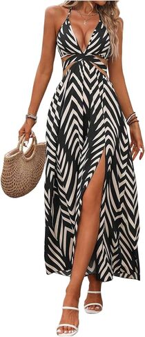 SOLY HUX Women's Tie Backless Cut Out Halter Dress Deep V Neck High Split Long Flowy Dresses in Saudi Arabia