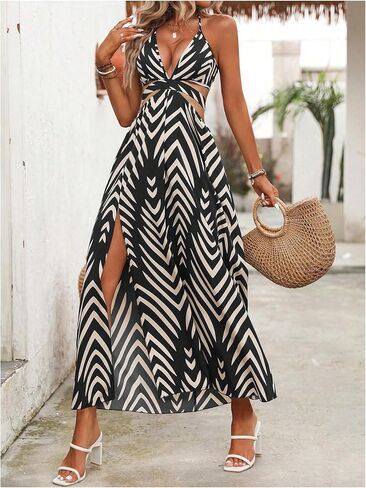 SOLY HUX Women's Tie Backless Cut Out Halter Dress Deep V Neck High Split Long Flowy Dresses in Saudi Arabia