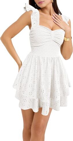 HESUUIO Women's Summer Mini Dress Elegant Backless Hollow Out Eyelets Layered Flowy Swing Short Party Dress Casual Sundress in Kuwait