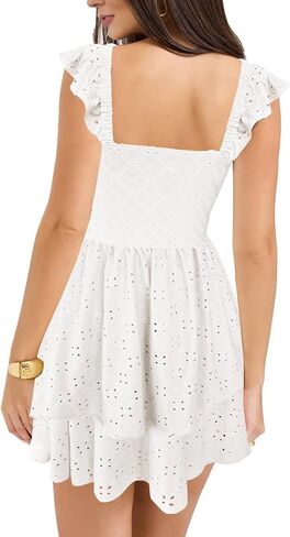 HESUUIO Women's Summer Mini Dress Elegant Backless Hollow Out Eyelets Layered Flowy Swing Short Party Dress Casual Sundress in Kuwait