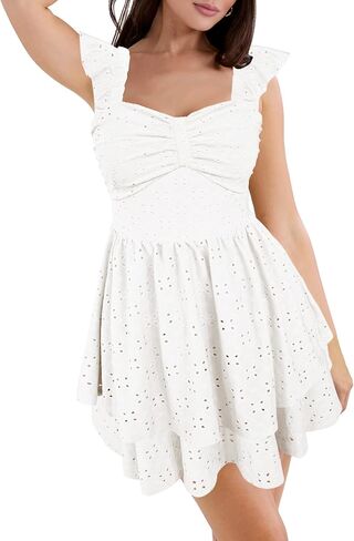 HESUUIO Women's Summer Mini Dress Elegant Backless Hollow Out Eyelets Layered Flowy Swing Short Party Dress Casual Sundress in Kuwait