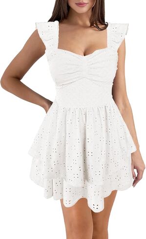 HESUUIO Women's Summer Mini Dress Elegant Backless Hollow Out Eyelets Layered Flowy Swing Short Party Dress Casual Sundress in Kuwait