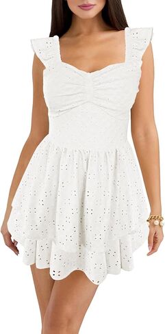 HESUUIO Women's Summer Mini Dress Elegant Backless Hollow Out Eyelets Layered Flowy Swing Short Party Dress Casual Sundress in Kuwait