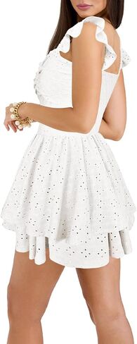HESUUIO Women's Summer Mini Dress Elegant Backless Hollow Out Eyelets Layered Flowy Swing Short Party Dress Casual Sundress in Kuwait