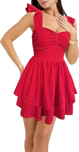 HESUUIO Women's Summer Mini Dress Elegant Backless Hollow Out Eyelets Layered Flowy Swing Short Party Dress Casual Sundress in Kuwait