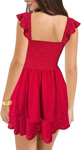 HESUUIO Women's Summer Mini Dress Elegant Backless Hollow Out Eyelets Layered Flowy Swing Short Party Dress Casual Sundress in Kuwait