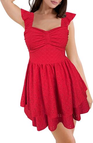 HESUUIO Women's Summer Mini Dress Elegant Backless Hollow Out Eyelets Layered Flowy Swing Short Party Dress Casual Sundress in Kuwait
