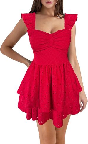 HESUUIO Women's Summer Mini Dress Elegant Backless Hollow Out Eyelets Layered Flowy Swing Short Party Dress Casual Sundress in Kuwait
