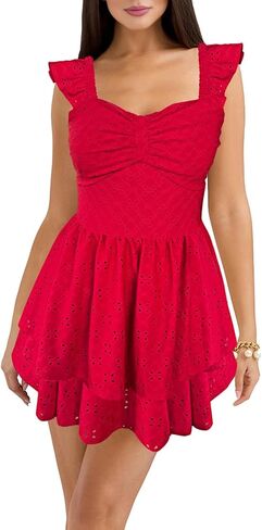 HESUUIO Women's Summer Mini Dress Elegant Backless Hollow Out Eyelets Layered Flowy Swing Short Party Dress Casual Sundress in Kuwait