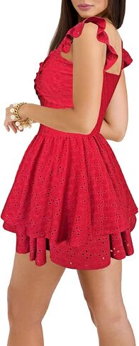 HESUUIO Women's Summer Mini Dress Elegant Backless Hollow Out Eyelets Layered Flowy Swing Short Party Dress Casual Sundress in Kuwait